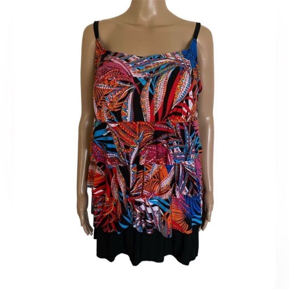Great Lengths Size 16 Multicolor Tropical Leaf Print Summer Beach Swim Dress Top - Picture 3 of 10
